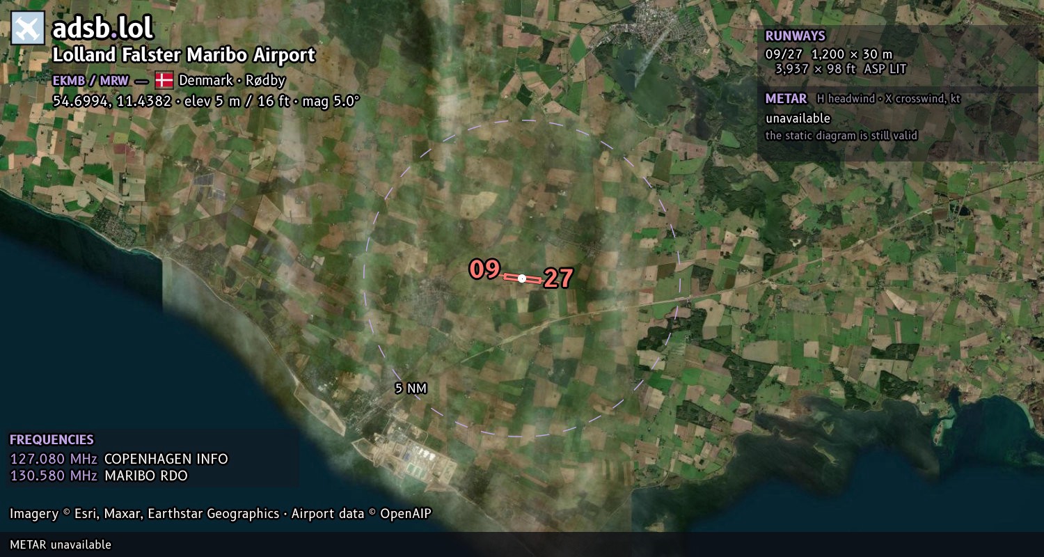Satellite map with the runway layout of Lolland Falster Maribo Airport (EKMB)
