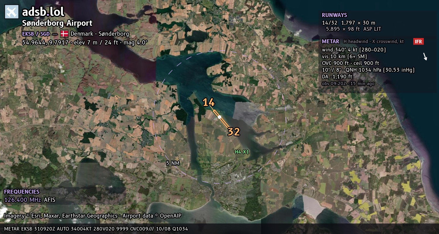 Satellite map with the runway layout of Sønderborg Airport (EKSB)