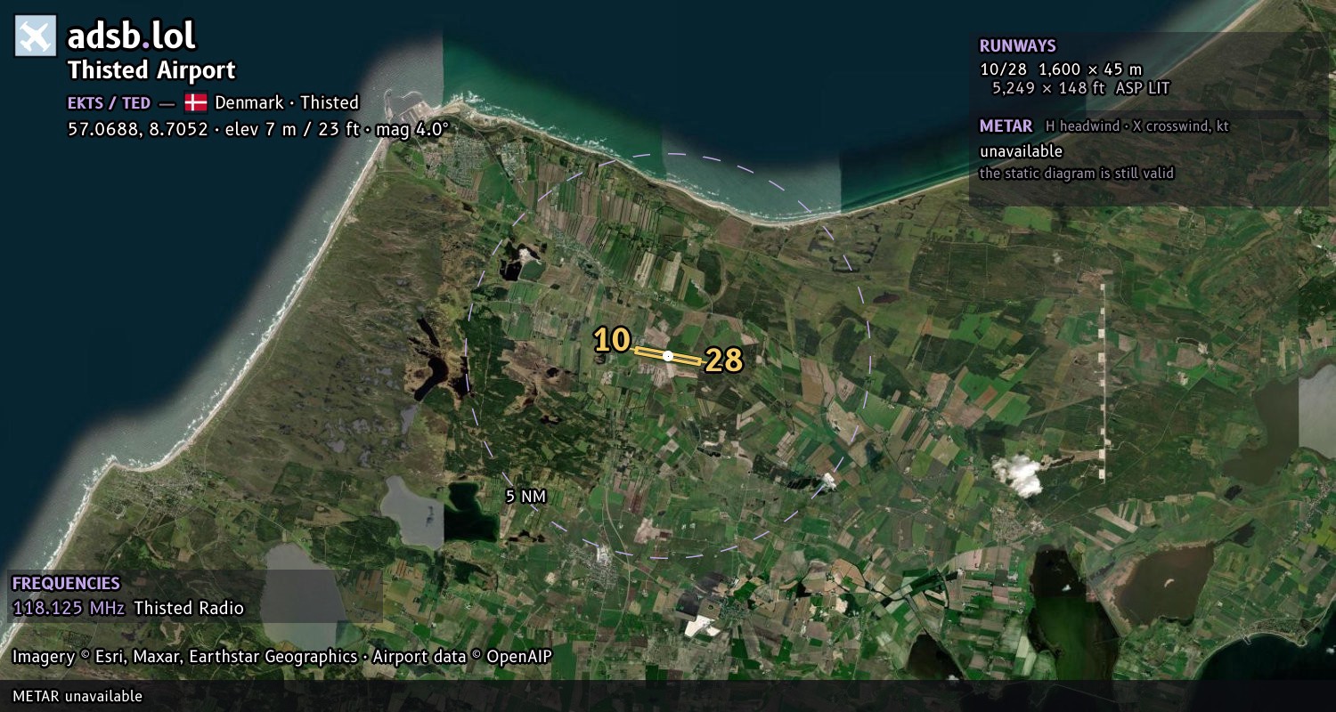 Satellite map with the runway layout of Thisted Airport (EKTS)