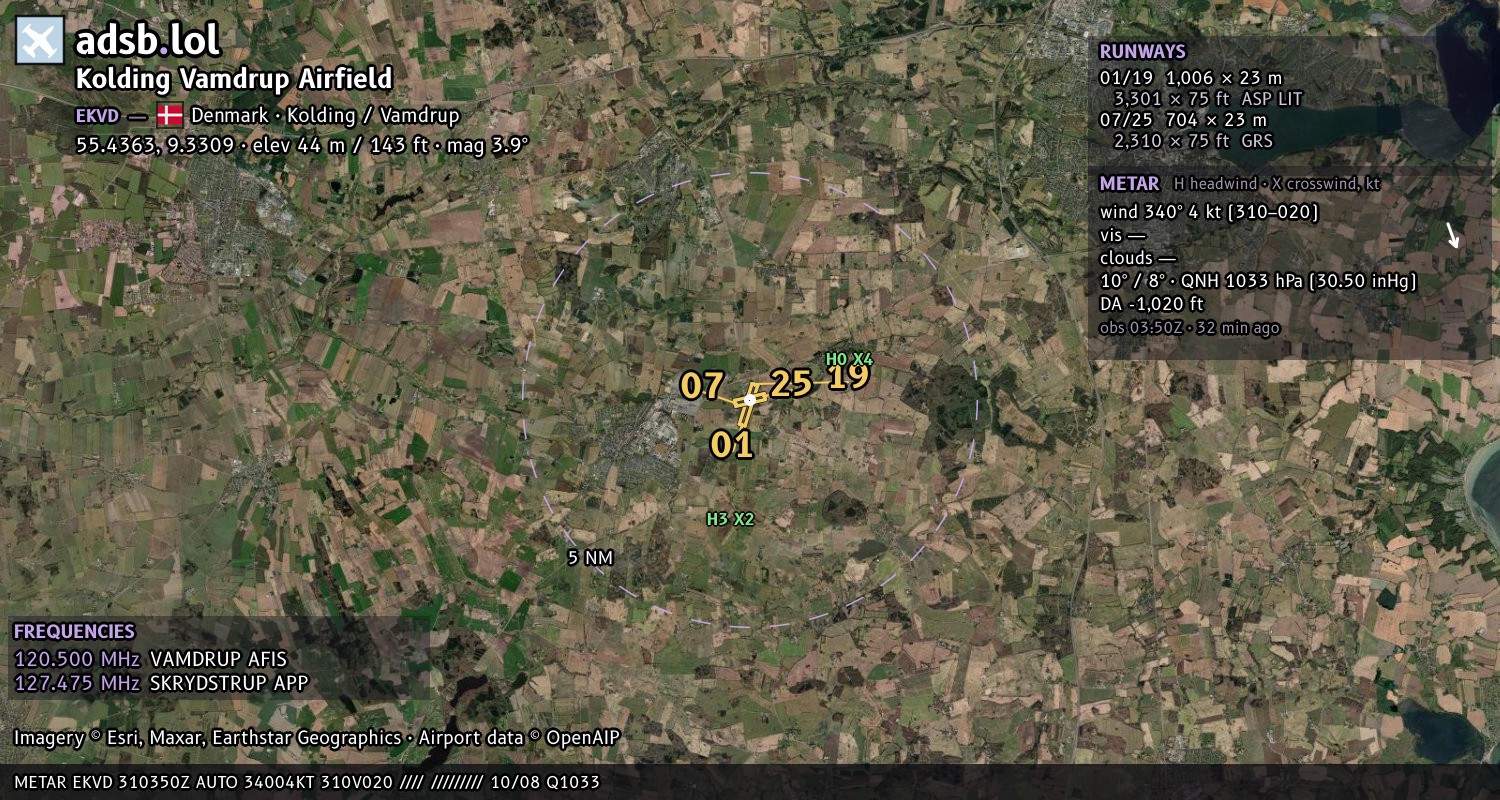 Satellite map with the runway layout of Kolding Vamdrup Airfield (EKVD)