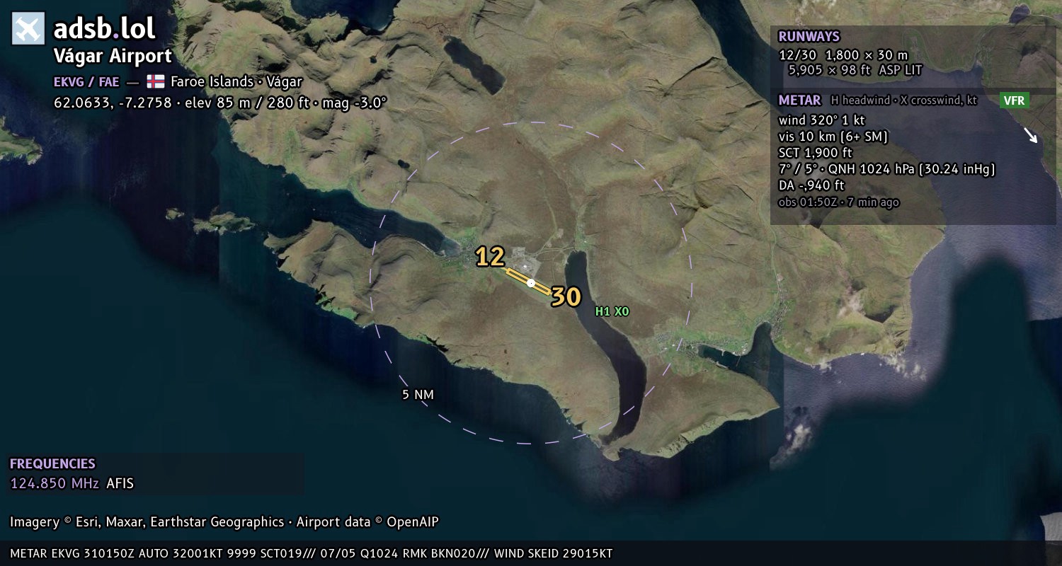 Satellite map with the runway layout of Vágar Airport (EKVG)