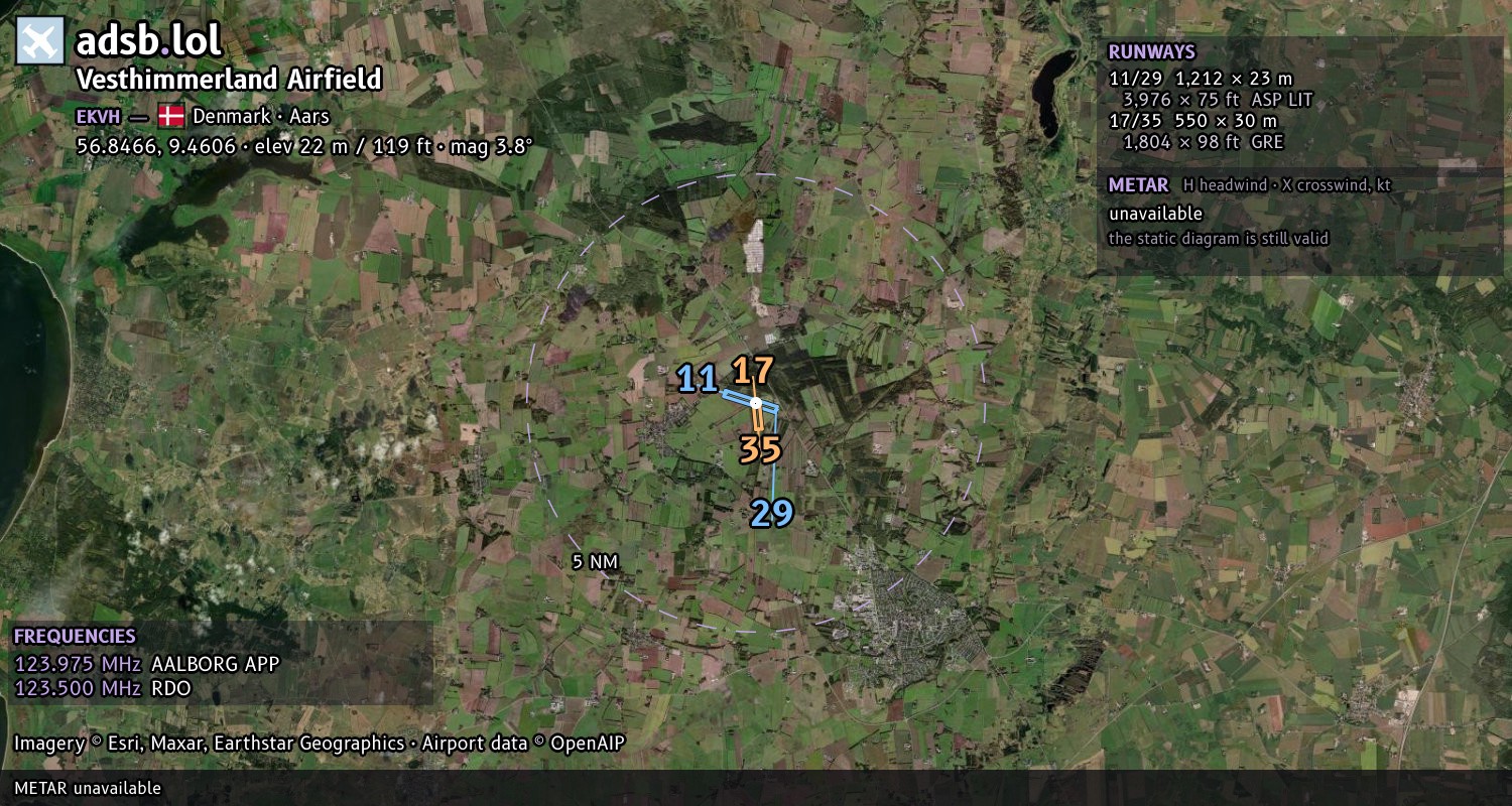 Satellite map with the runway layout of Vesthimmerland Airfield (EKVH)