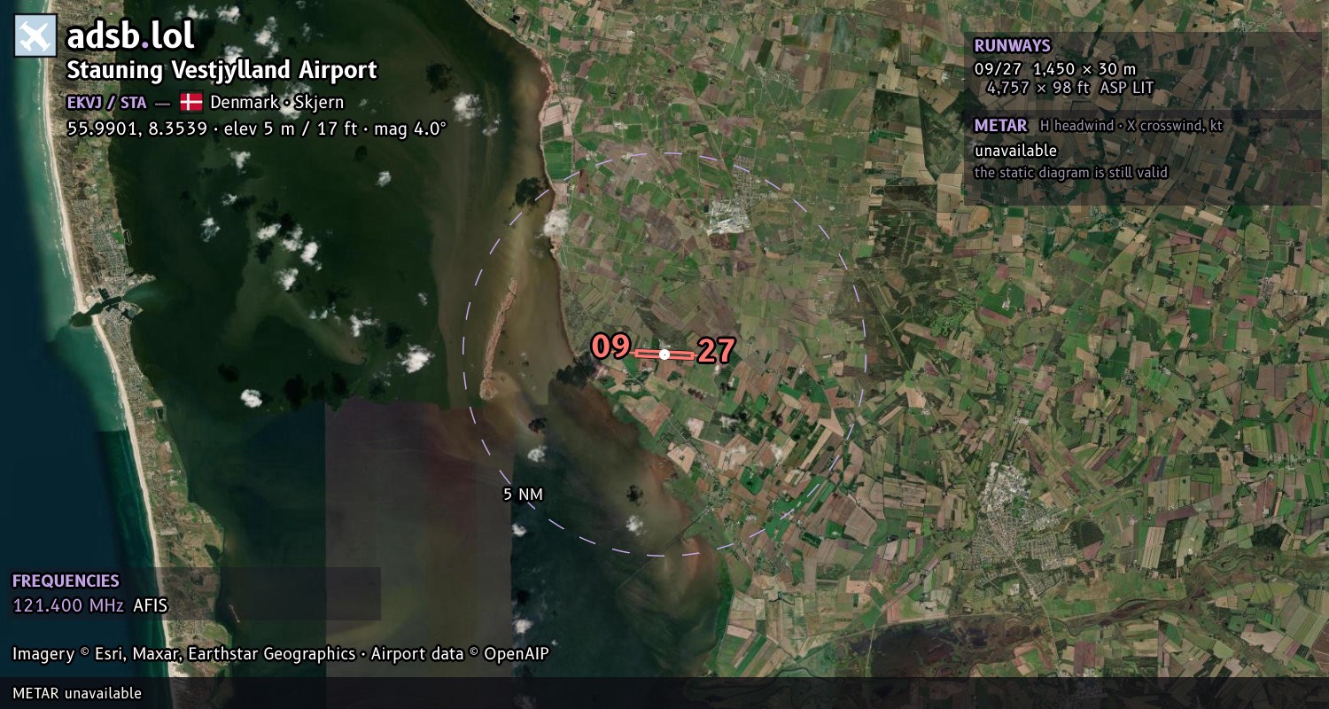 Satellite map with the runway layout of Stauning Vestjylland  Airport (EKVJ)