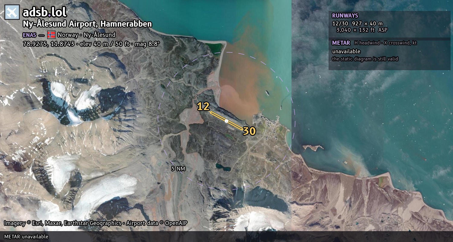 Satellite map with the runway layout of Ny-Ålesund Airport, Hamnerabben (ENAS)