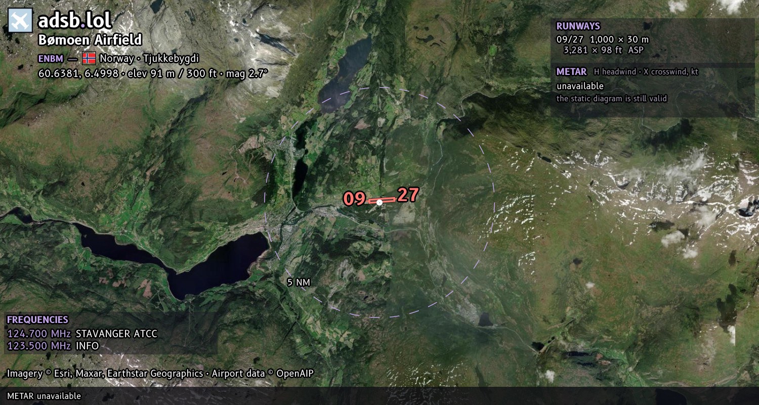 Satellite map with the runway layout of Bømoen Airfield (ENBM)