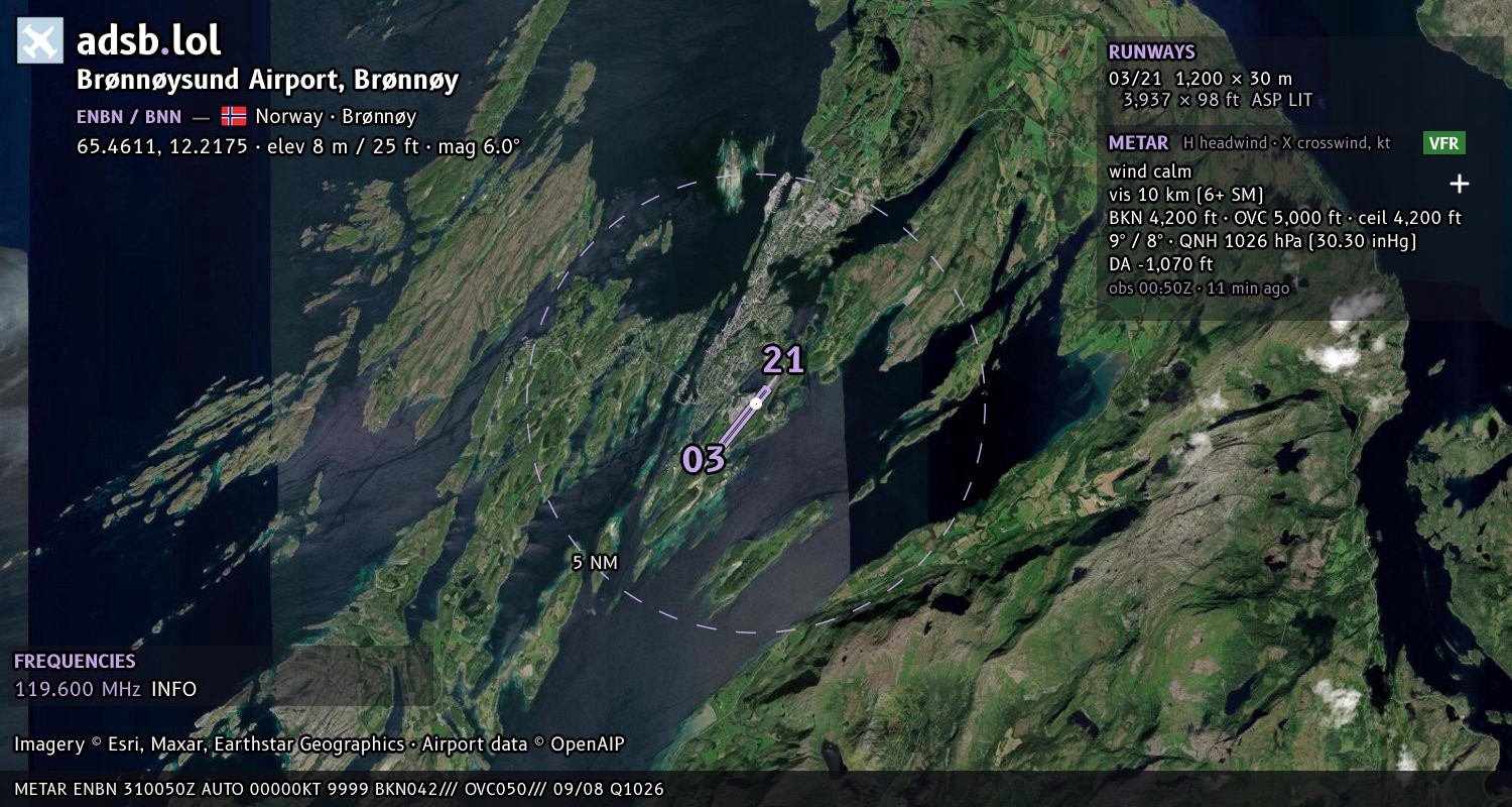 Satellite map with the runway layout of Brønnøysund Airport, Brønnøy (ENBN)