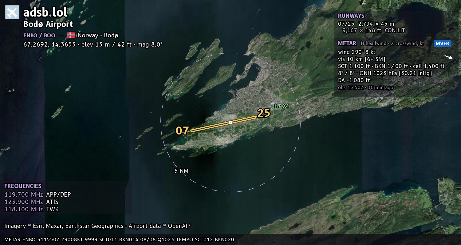 Satellite map with the runway layout of Bodø Airport (ENBO)