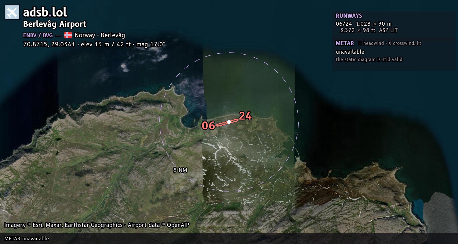 Satellite map with the runway layout of Berlevåg Airport (ENBV)