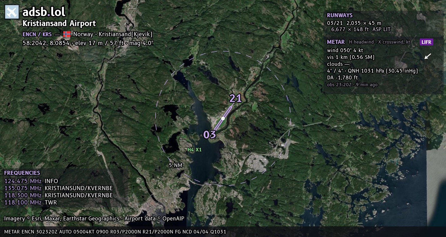 Satellite map with the runway layout of Kristiansand Airport (ENCN)