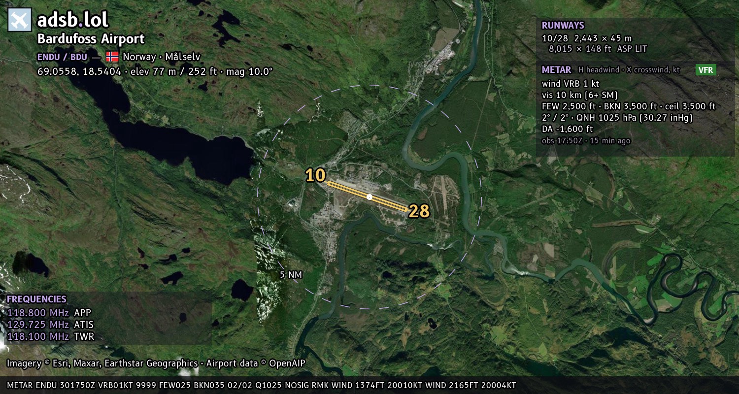 Satellite map with the runway layout of Bardufoss Airport (ENDU)