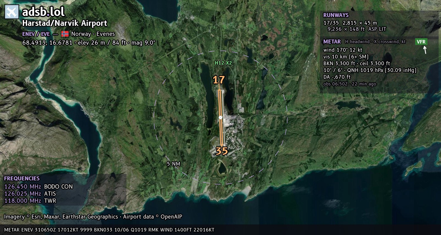 Satellite map with the runway layout of Harstad/Narvik Airport (ENEV)