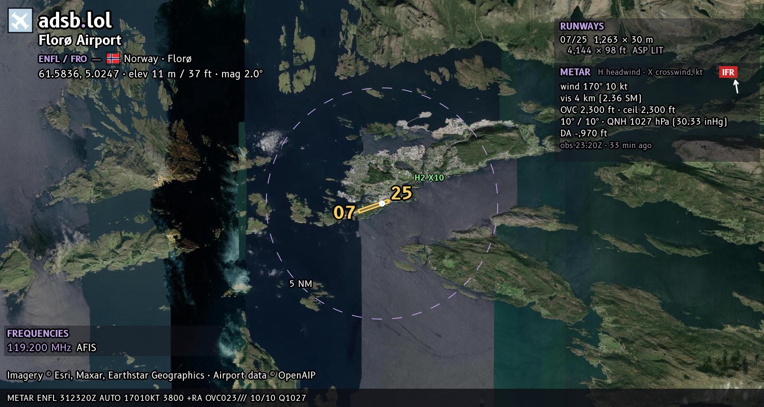 Satellite map with the runway layout of Florø Airport (ENFL)