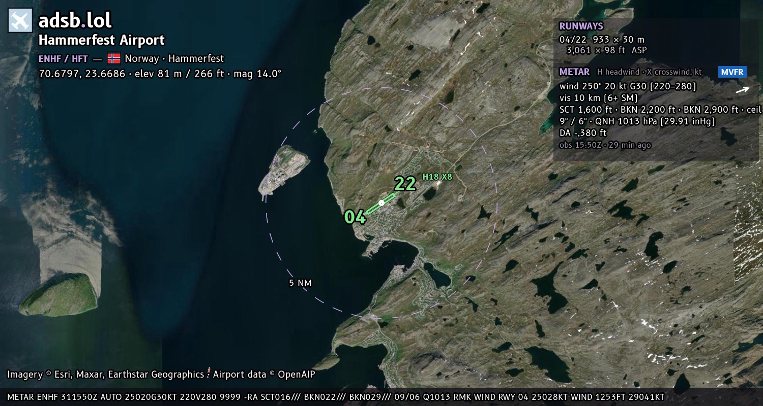 Satellite map with the runway layout of Hammerfest Airport (ENHF)