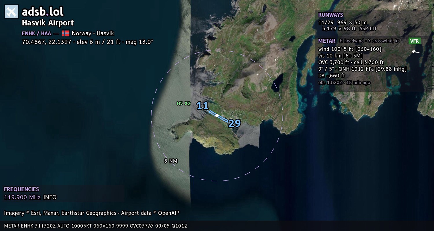 Satellite map with the runway layout of Hasvik Airport (ENHK)