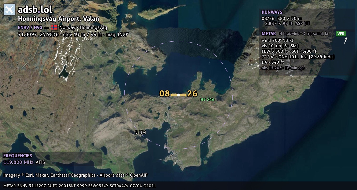 Satellite map with the runway layout of Honningsvåg Airport, Valan (ENHV)