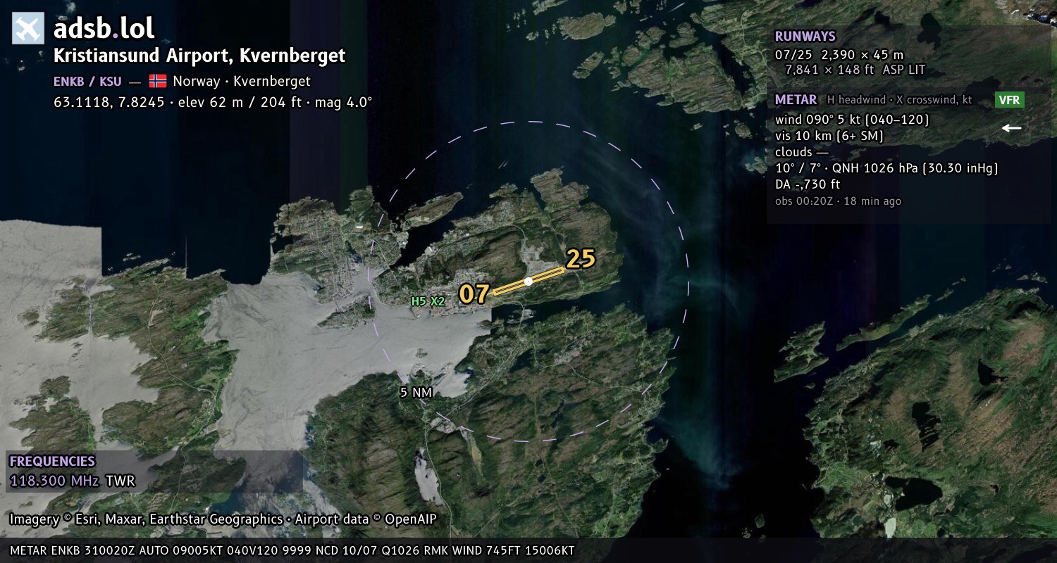 Satellite map with the runway layout of Kristiansund Airport, Kvernberget (ENKB)