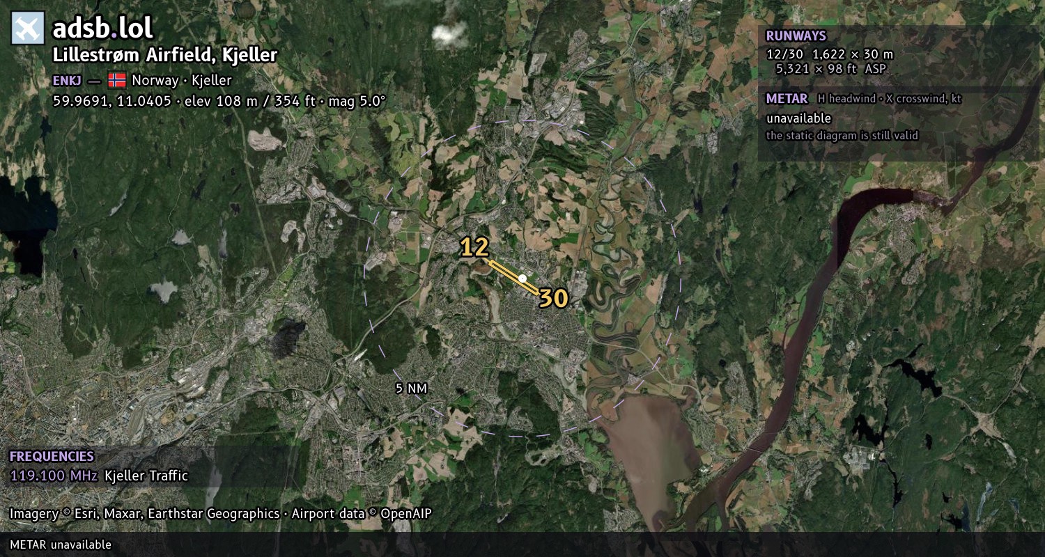 Satellite map with the runway layout of Lillestrøm Airfield, Kjeller (ENKJ)
