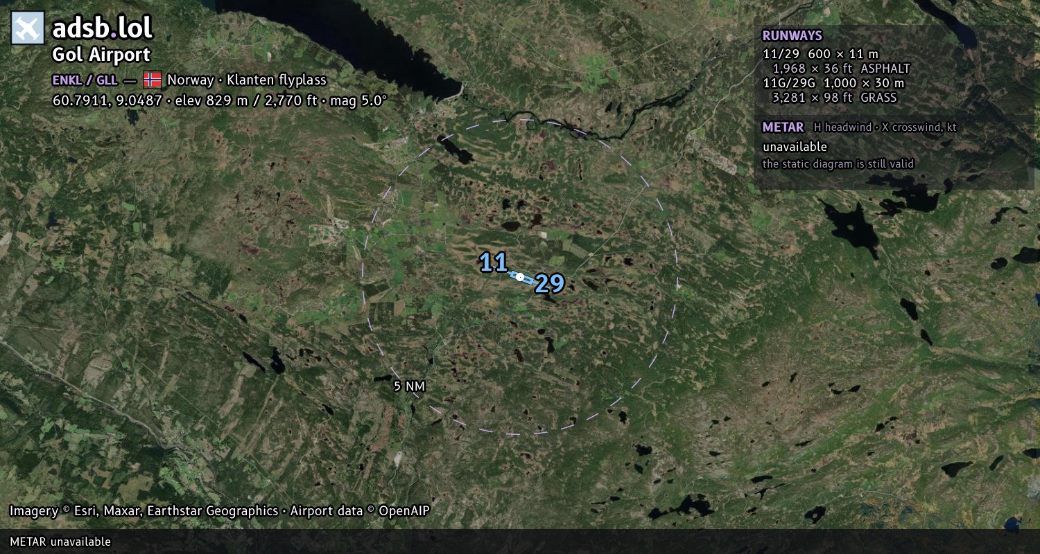 Satellite map with the runway layout of Gol Airport (ENKL)