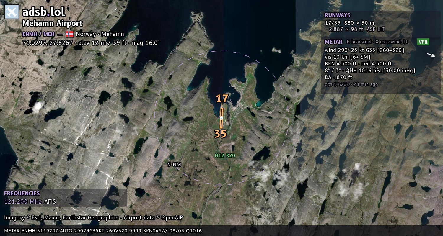 Satellite map with the runway layout of Mehamn Airport (ENMH)