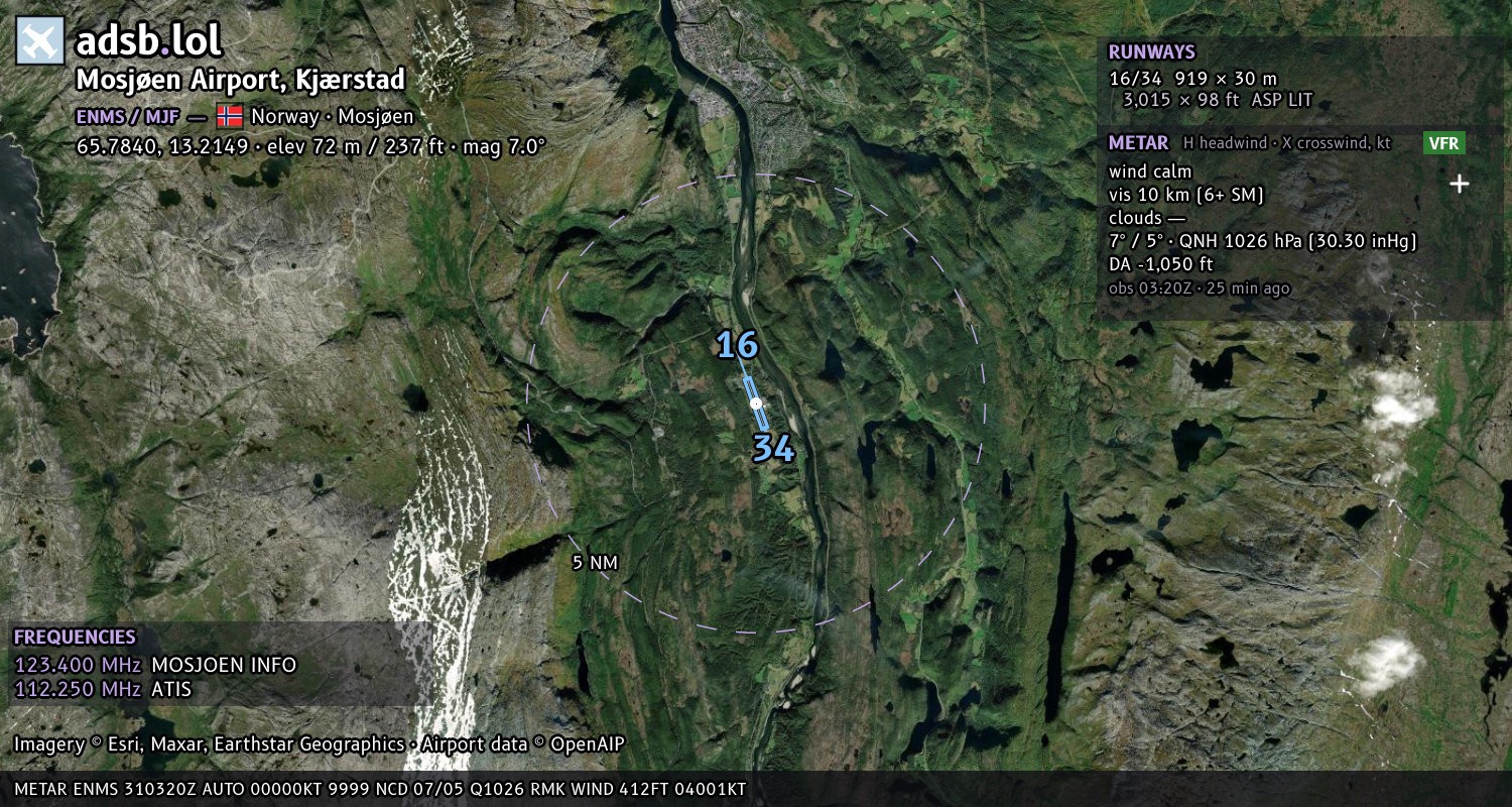 Satellite map with the runway layout of Mosjøen Airport, Kjærstad (ENMS)