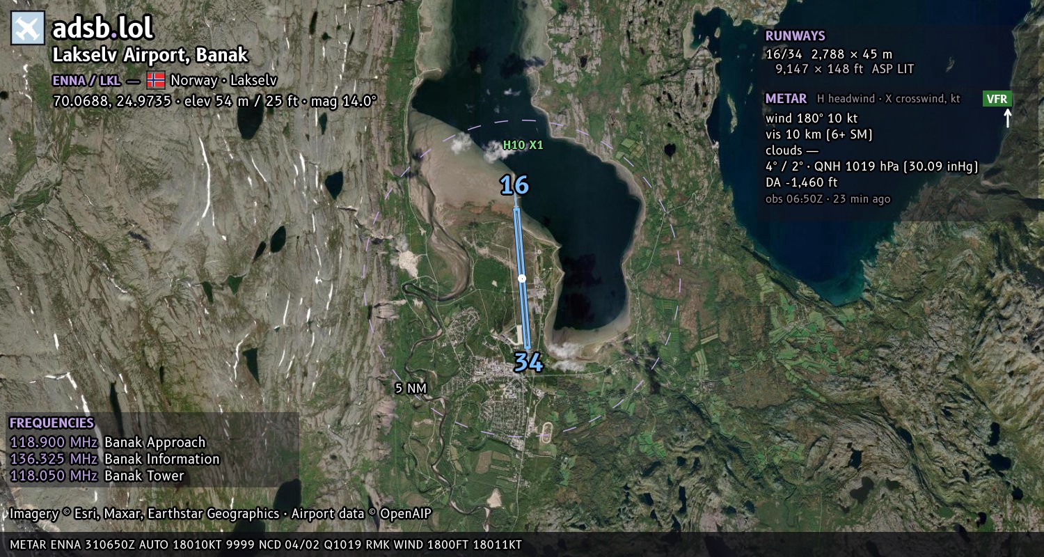 Satellite map with the runway layout of Lakselv Airport, Banak (ENNA)