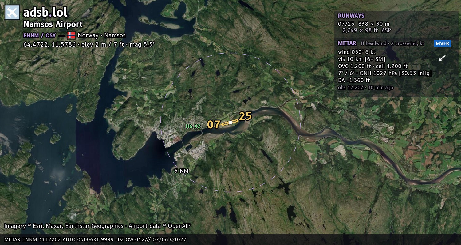 Satellite map with the runway layout of Namsos Airport (ENNM)