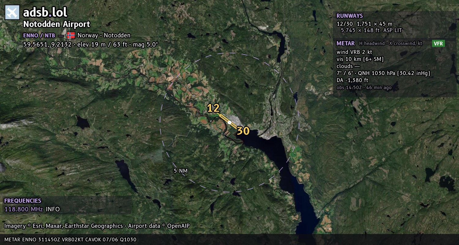 Satellite map with the runway layout of Notodden Airport (ENNO)