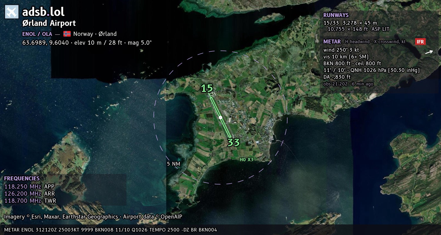 Satellite map with the runway layout of Ørland Airport (ENOL)