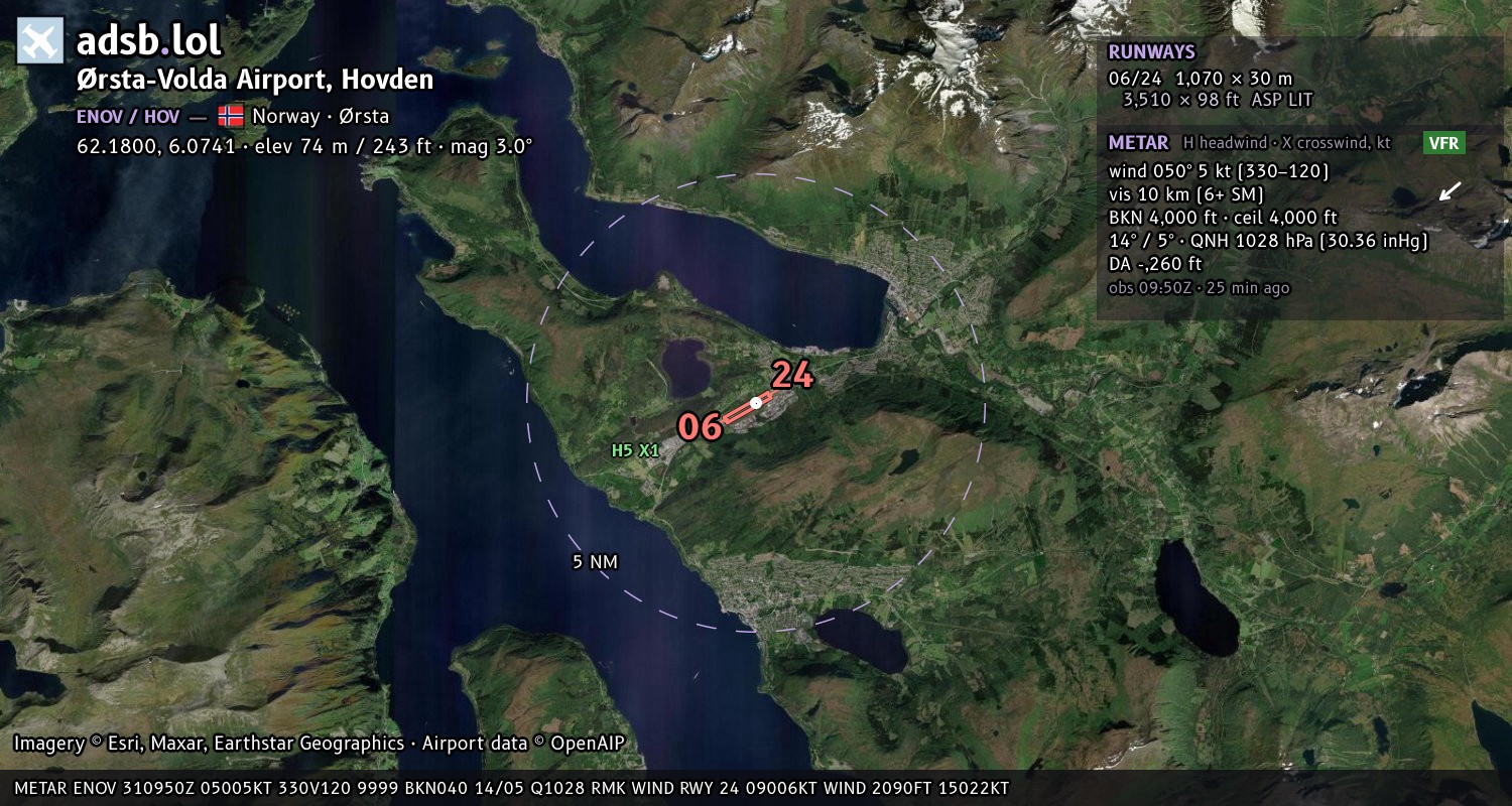 Satellite map with the runway layout of Ørsta-Volda Airport, Hovden (ENOV)
