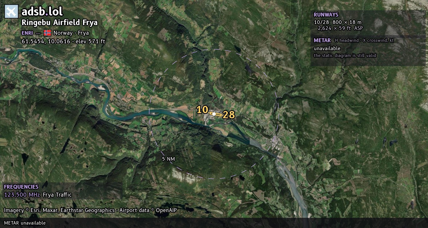 Satellite map with the runway layout of Ringebu Airfield Frya (ENRI)