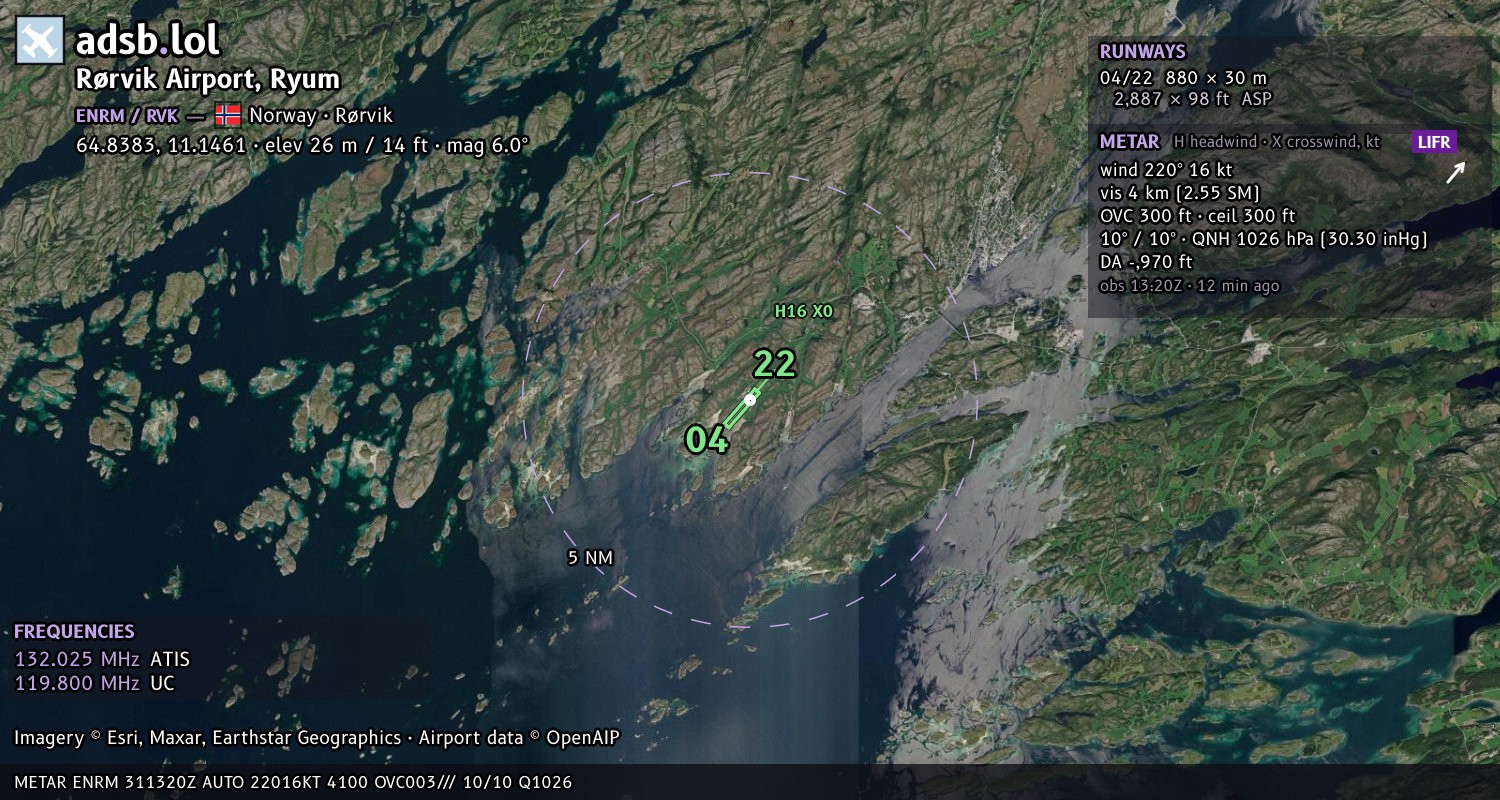Satellite map with the runway layout of Rørvik Airport, Ryum (ENRM)