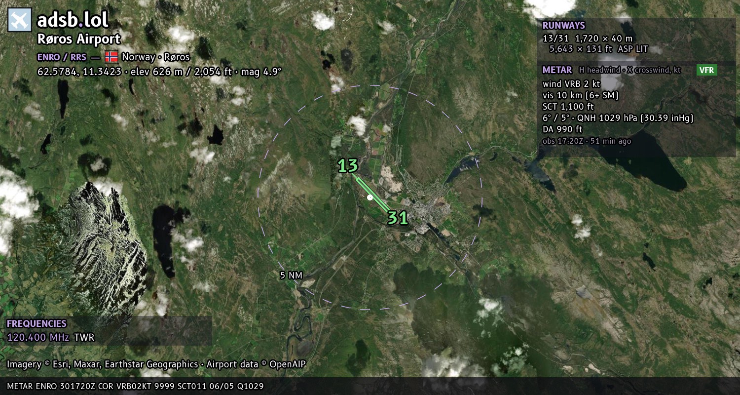 Satellite map with the runway layout of Røros Airport (ENRO)
