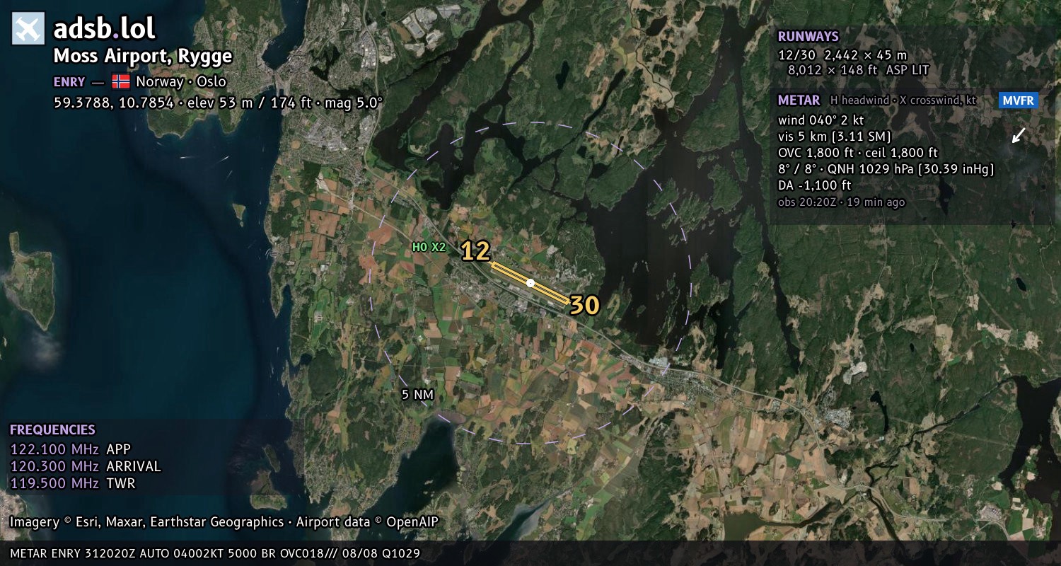 Satellite map with the runway layout of Moss Airport, Rygge (ENRY)