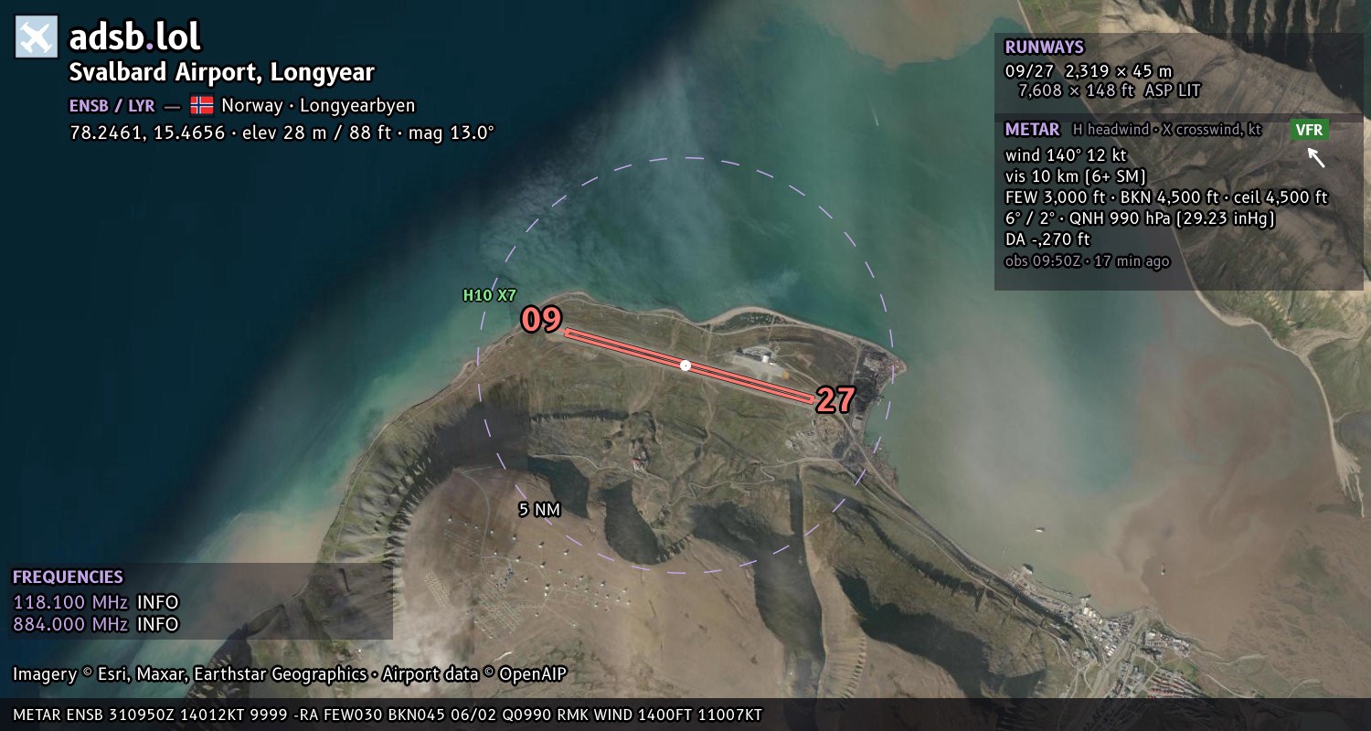 Satellite map with the runway layout of Svalbard Airport, Longyear (ENSB)