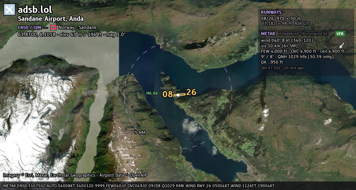 Satellite map with the runway layout of Sandane Airport, Anda (ENSD)