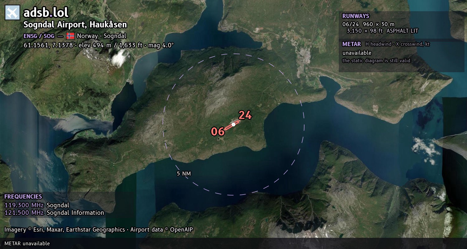 Satellite map with the runway layout of Sogndal Airport, Haukåsen (ENSG)