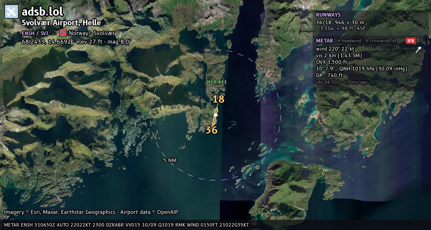 Satellite map with the runway layout of Svolvær Airport, Helle (ENSH)