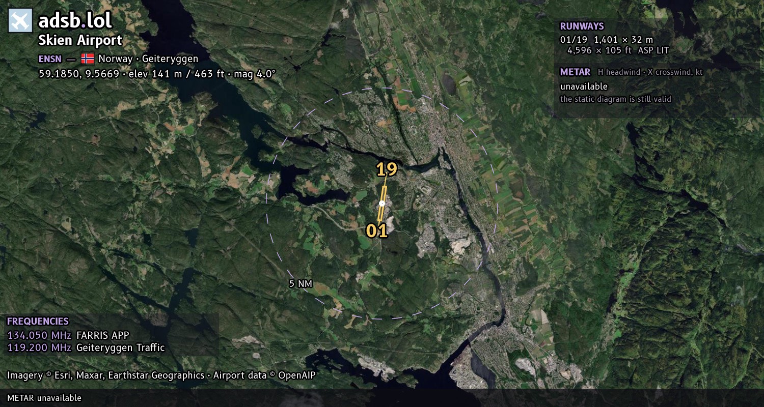 Satellite map with the runway layout of Skien Airport (ENSN)