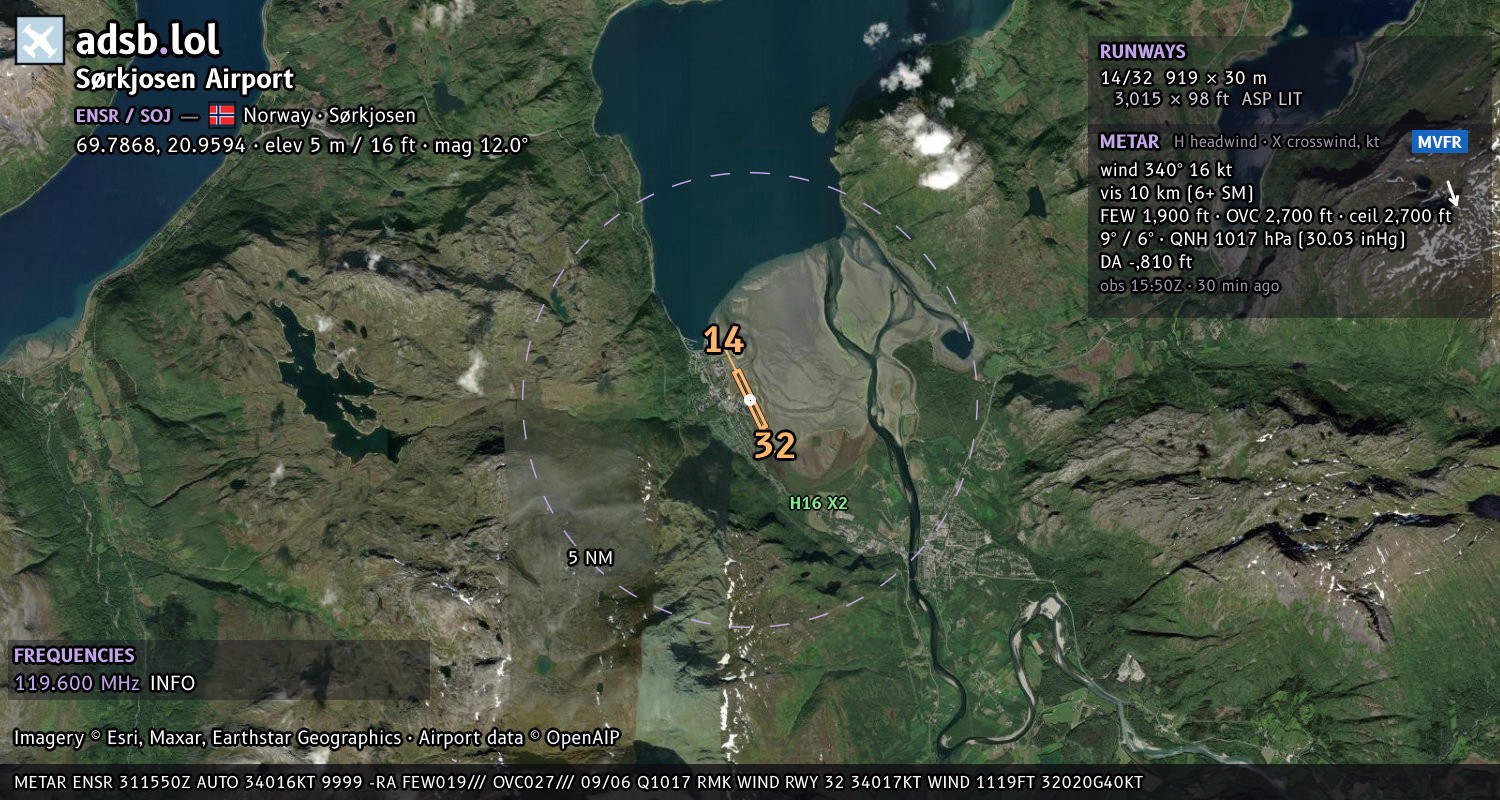 Satellite map with the runway layout of Sørkjosen Airport (ENSR)
