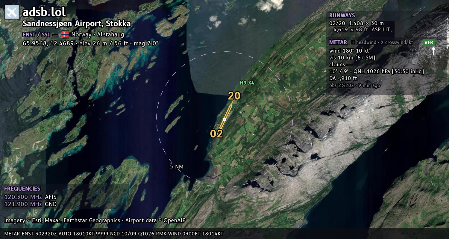 Satellite map with the runway layout of Sandnessjøen Airport, Stokka (ENST)