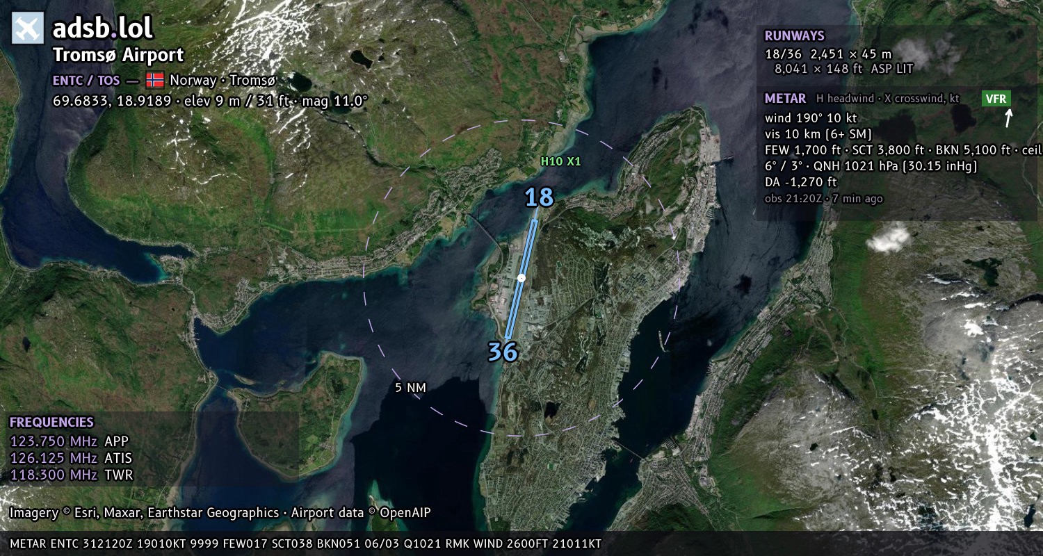 Satellite map with the runway layout of Tromsø Airport (ENTC)
