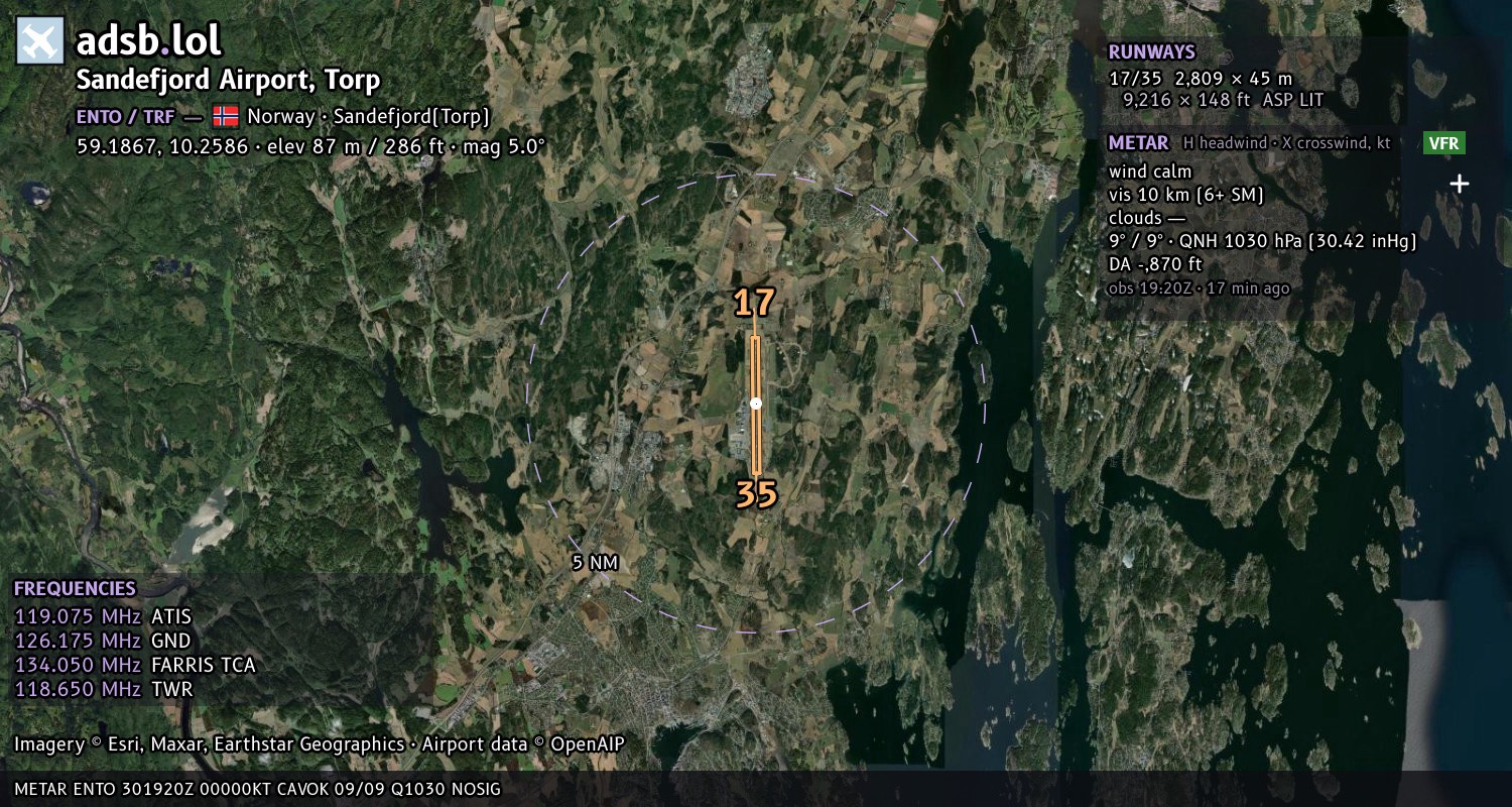Satellite map with the runway layout of Sandefjord Airport, Torp (ENTO)