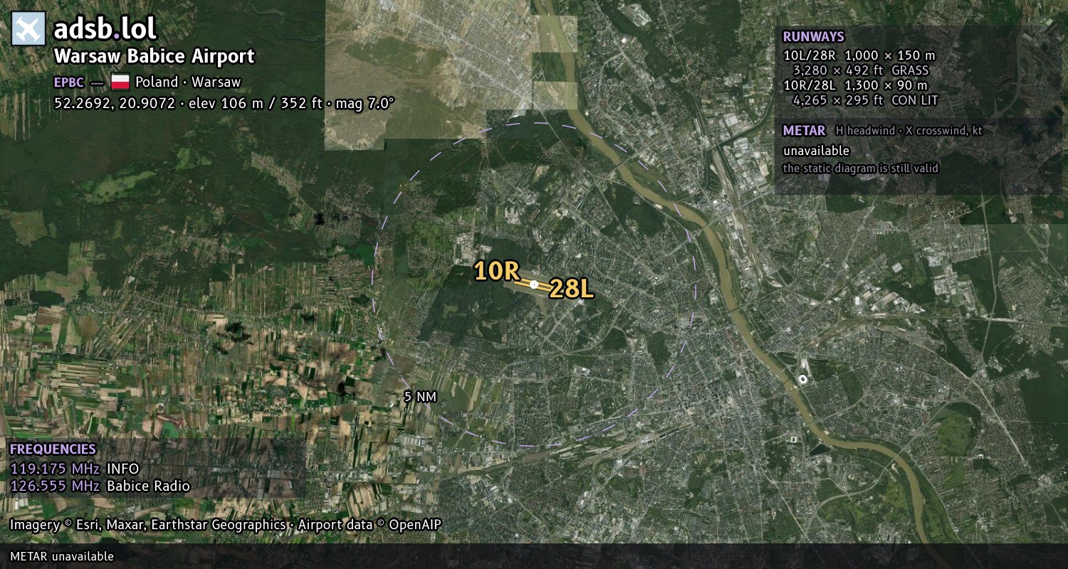 Satellite map with the runway layout of Warsaw Babice Airport (EPBC)