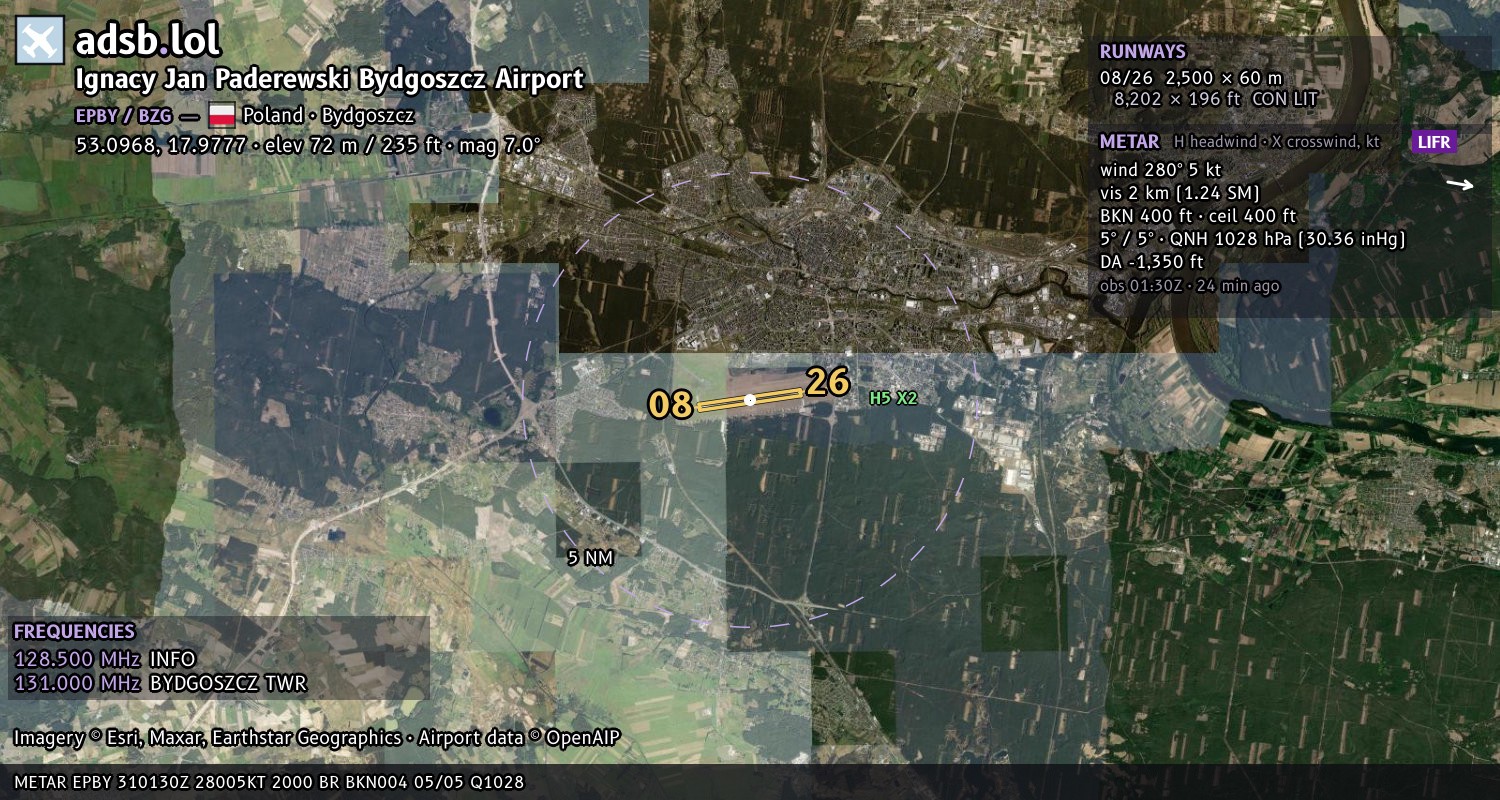 Satellite map with the runway layout of Ignacy Jan Paderewski Bydgoszcz Airport (EPBY)