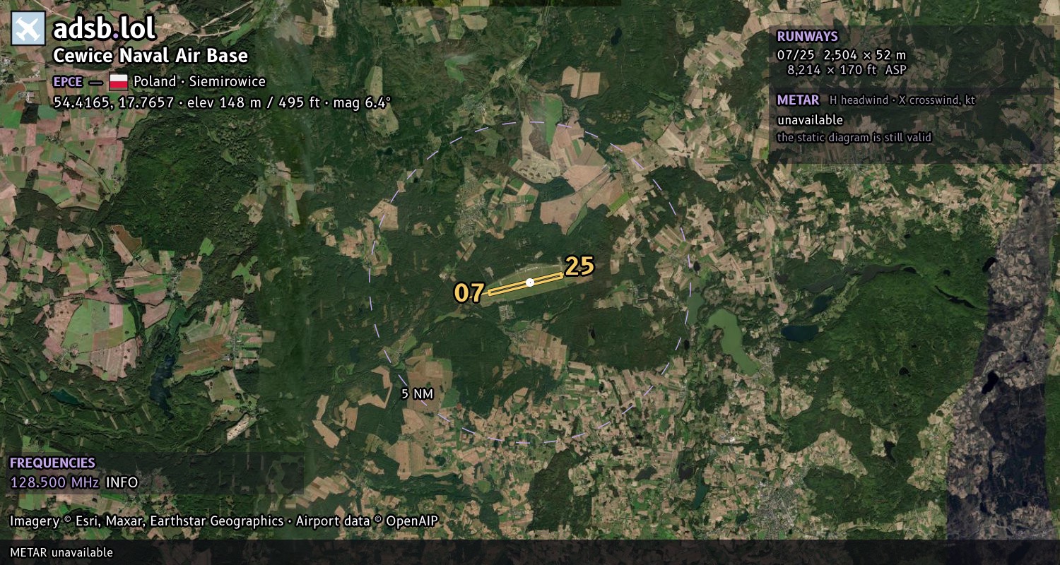 Satellite map with the runway layout of Cewice Naval Air Base (EPCE)