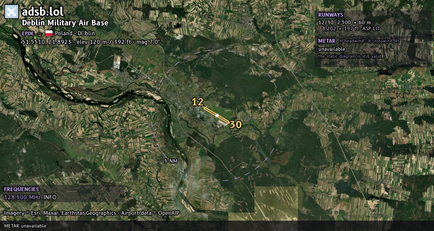 Satellite map with the runway layout of Deblin Military Air Base (EPDE)