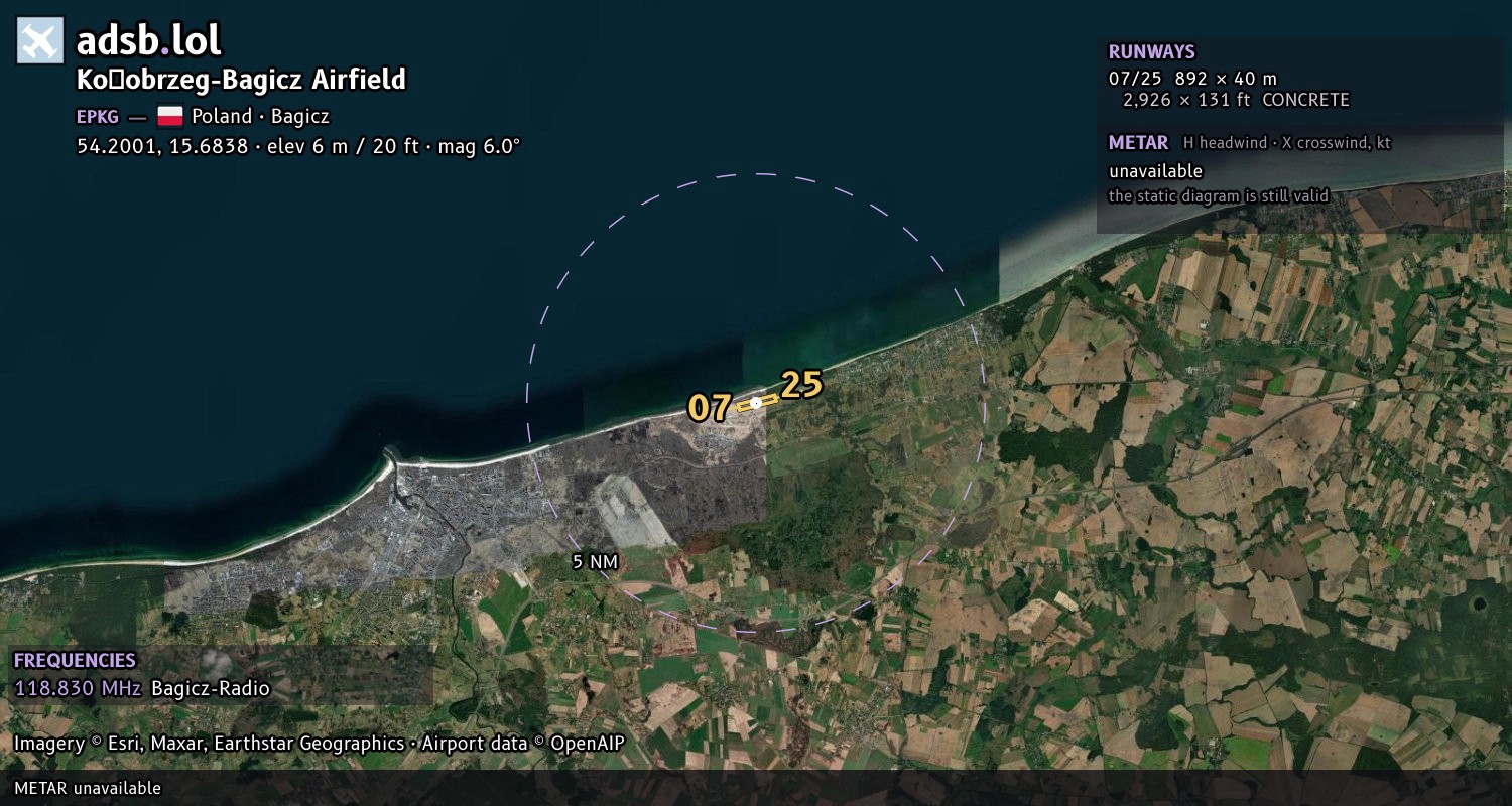 Satellite map with the runway layout of Kołobrzeg-Bagicz Airfield (EPKG)