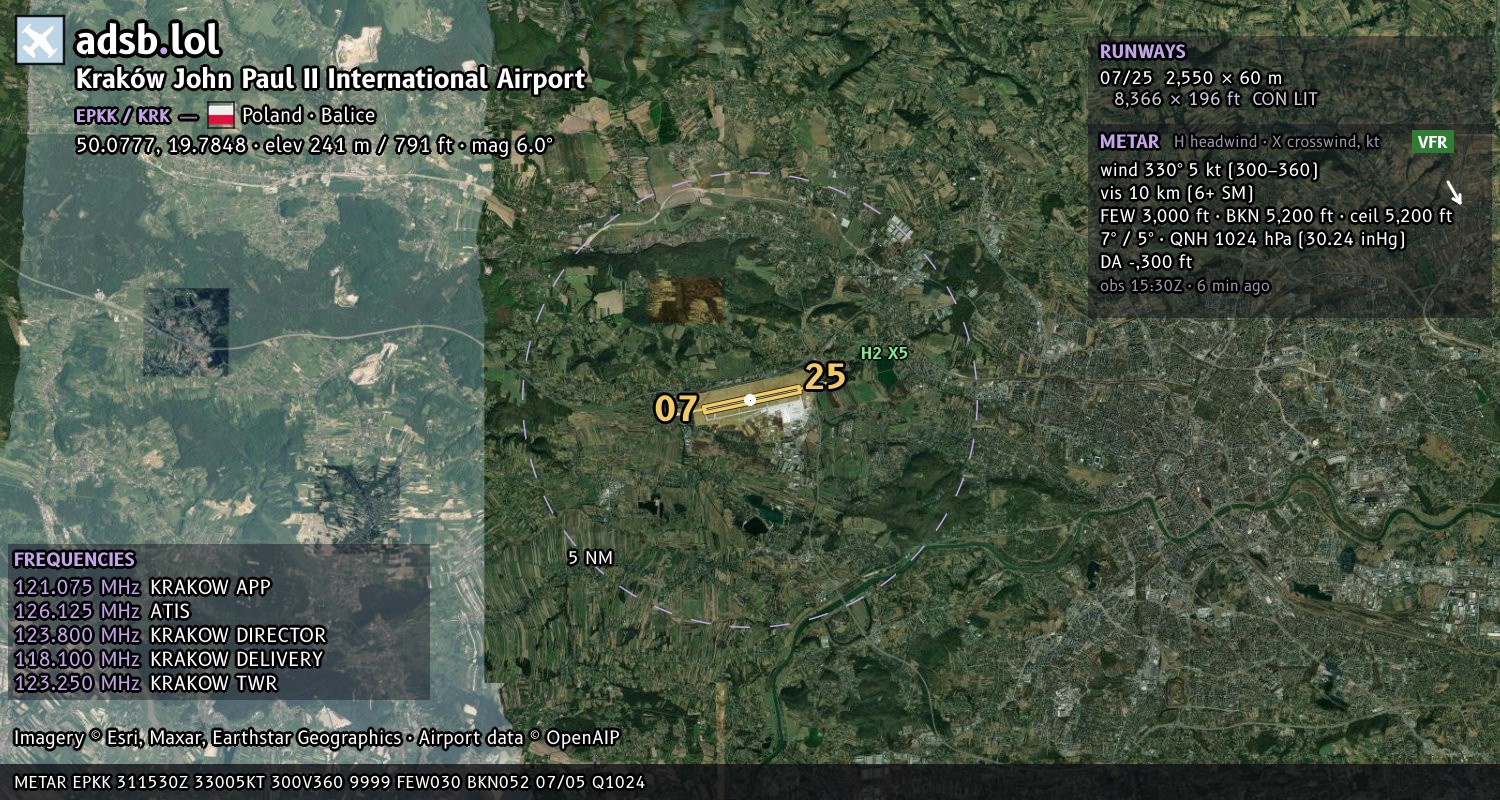 Satellite map with the runway layout of Kraków John Paul II International Airport (EPKK)