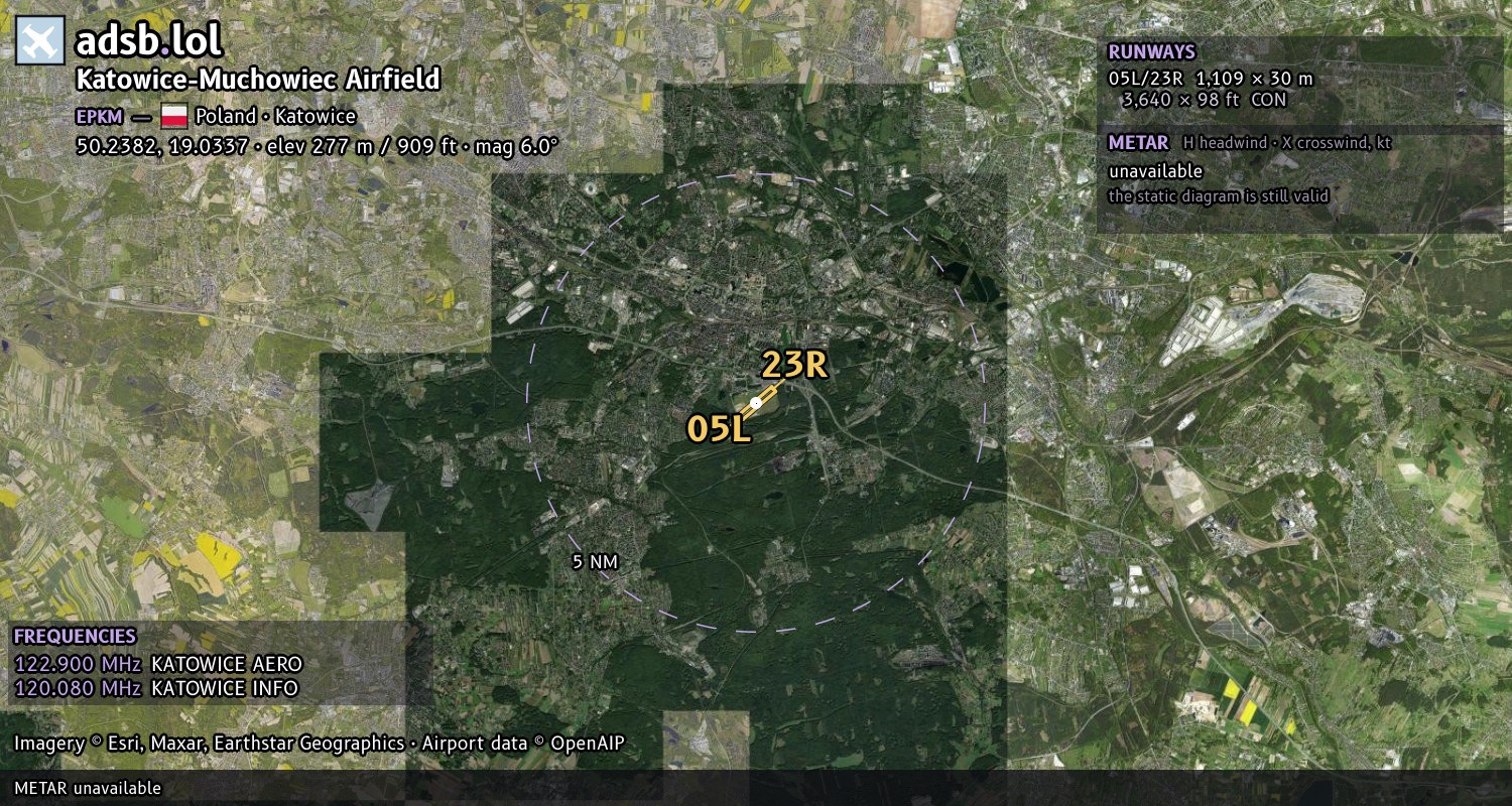 Satellite map with the runway layout of Katowice-Muchowiec Airfield (EPKM)