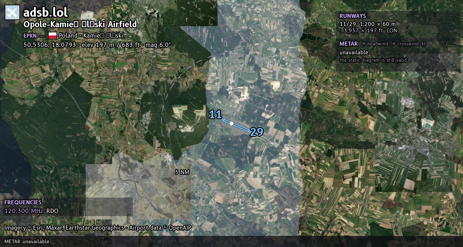 Satellite map with the runway layout of Opole-Kamień Śląski Airfield (EPKN)